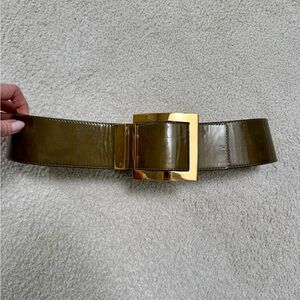Suzi Roher Olive Patent Wide Belt with Gold Buckle